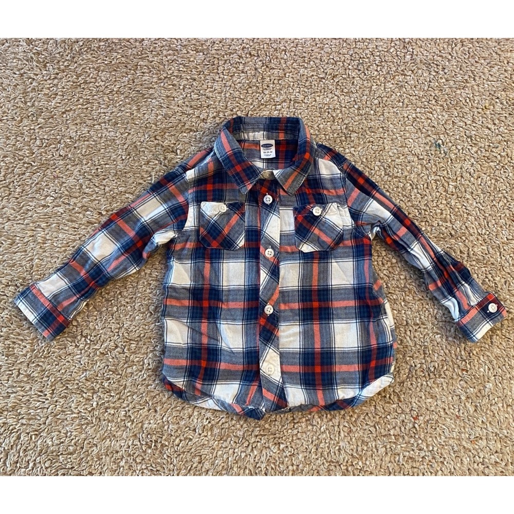Old Navy Toddler Boys 18‑24M Plaid Flannel Shirt Blue Red 100% Cotton Long Sleev